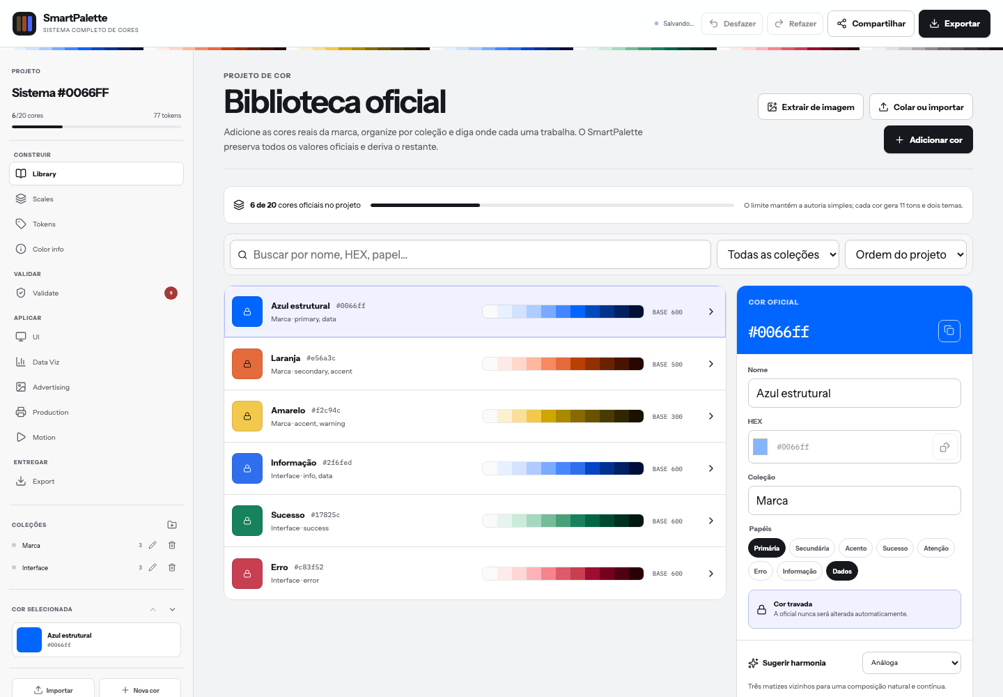 Biblioteca do SmartPalette com seis cores oficiais, escalas derivadas, coleções, papéis e painel de edição