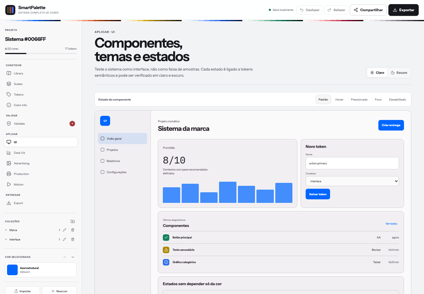 Laboratório de UI do SmartPalette mostrando a paleta aplicada a componentes de interface