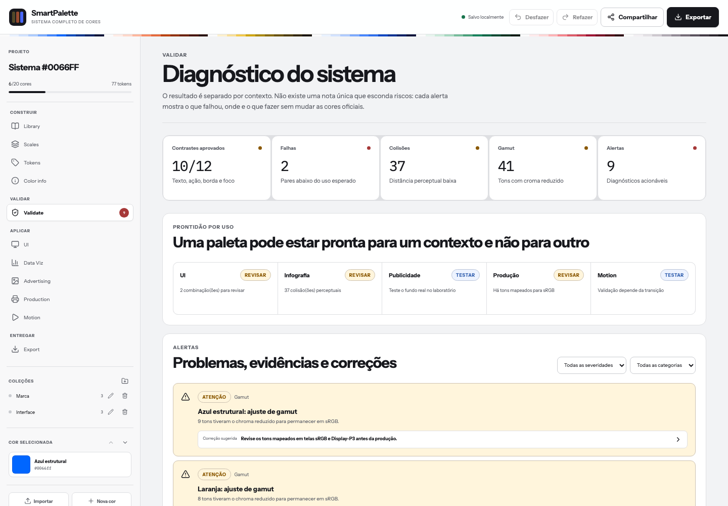 Diagnóstico do SmartPalette com contrastes aprovados, falhas, colisões, gamut e alertas acionáveis