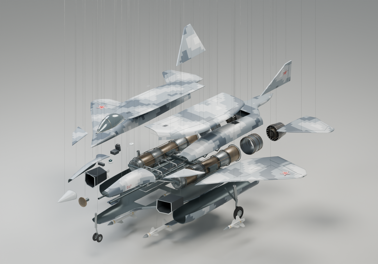 Maquete do Sukhoi Su-57 com asas, motores e outros conjuntos separados em uma vista explodida