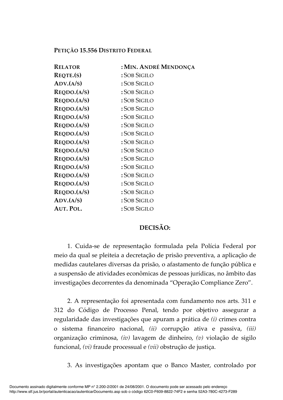 Primeira página da decisão de André Mendonça na PET 15.556.